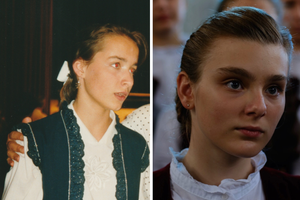 Karolína R. v době, kdy zpívala ve sboru Bambini di Praga, a postava Karolíny ve filmu Sbormistr.